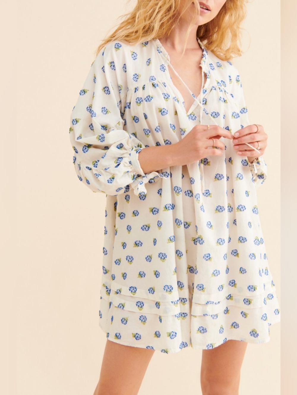 Urban Outfitters Jai Frock Dress White Blue Floral Cotton Cottagecore Boho Large